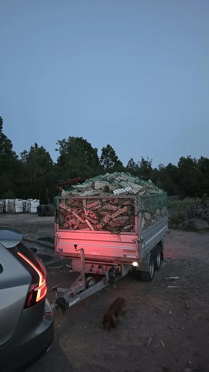 Lastat släp med nätad ved klart för leverans i skymningen